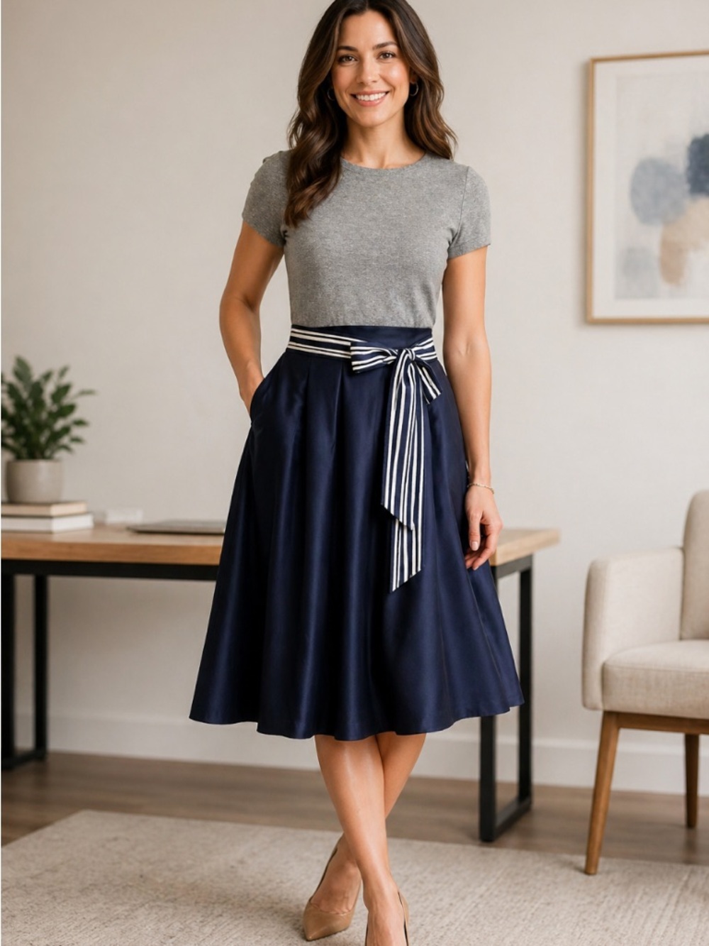 1901 Nordstrom Navy Blue & Gray Preppy Retro Pleated Skirt Midi Dress Size 8